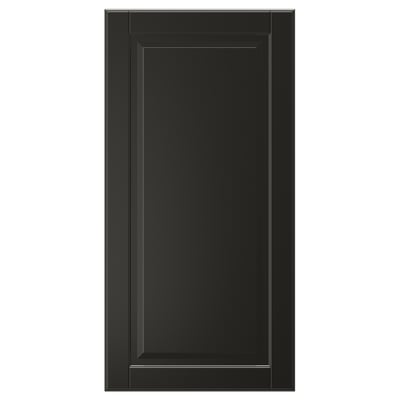 A black BODBYN cabinet door with a sleek, beveled panel design. Its glossy finish is effortless to clean.