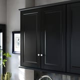Black kitchen cabinets with sleek, beveled doors and silver handles.