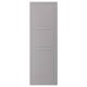 A grey BODBYN kitchen cabinet door with beveled panels. It has a rectangular shape and smooth lacquered fiberboard surface.