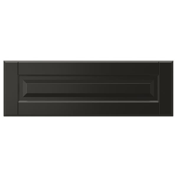 Modern black rectangular BODBYN drawer front with beveled panel design in smooth, lacquered fiberboard.