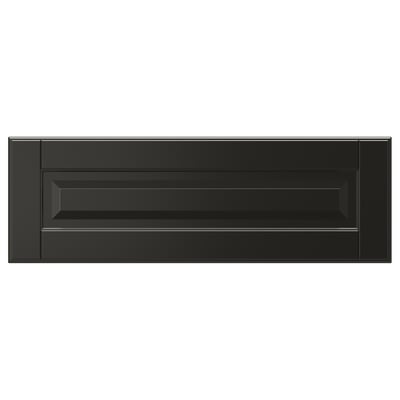 Modern black rectangular BODBYN drawer front with beveled panel design in smooth, lacquered fiberboard.
