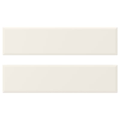 Displays two white rectangular BODBYN cabinet doors, featuring smooth, beveled edges and a lacquered finish.
