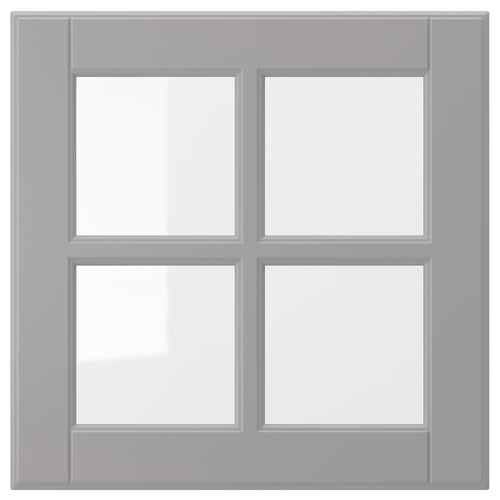 BODBYN grey kitchen cabinet, square with beveled panels, fiberboard & tempered glass, smooth lacquered finish.
