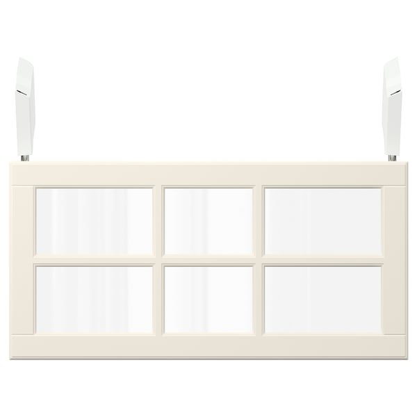 A BODBYN white cabinet with glass doors. The cabinet has a rectangular shape and a modern design. It two vertical glass panels.