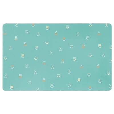 Turquoise BÖNSYRSA desk pad with random icons, square, recycled polyester top, rubber base.