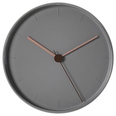 Modern grey circular wall clock with silky hands, no ticking noise, stylish minimal design.