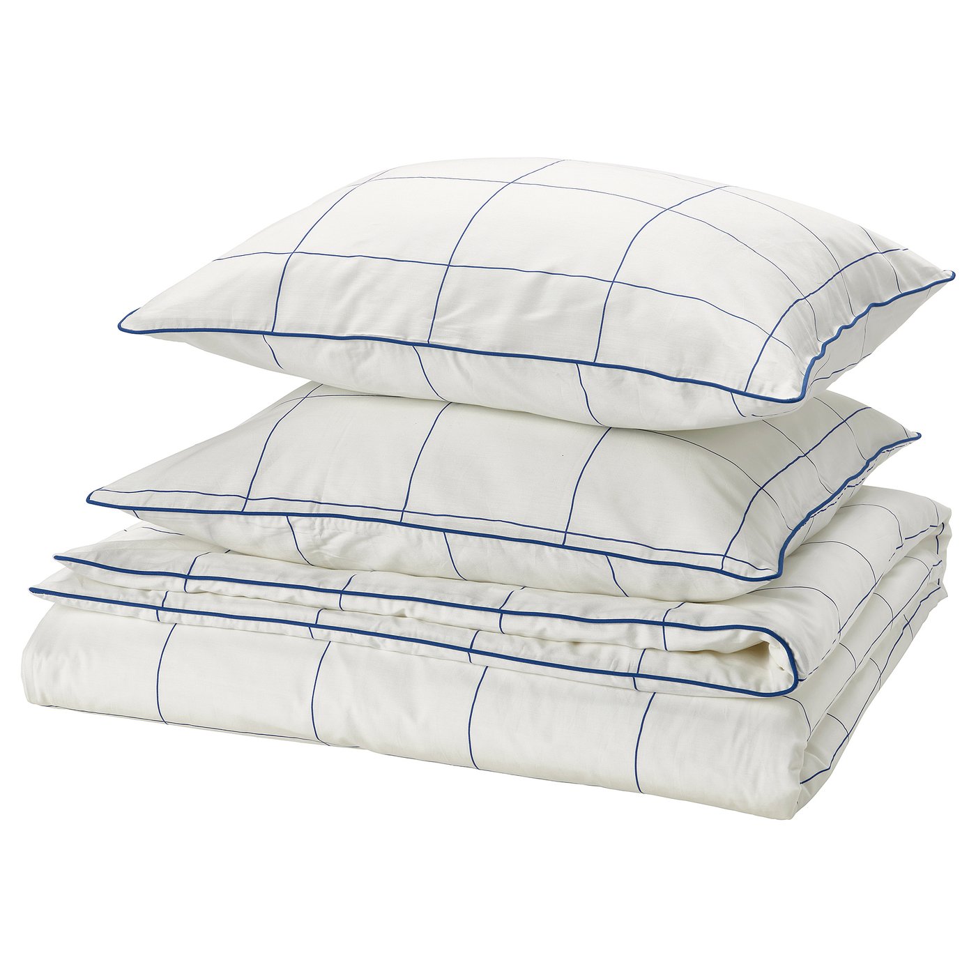 BREDVECKLARE duvet set; white with blue trim; grid pattern; smooth fabric; rectangular shape.