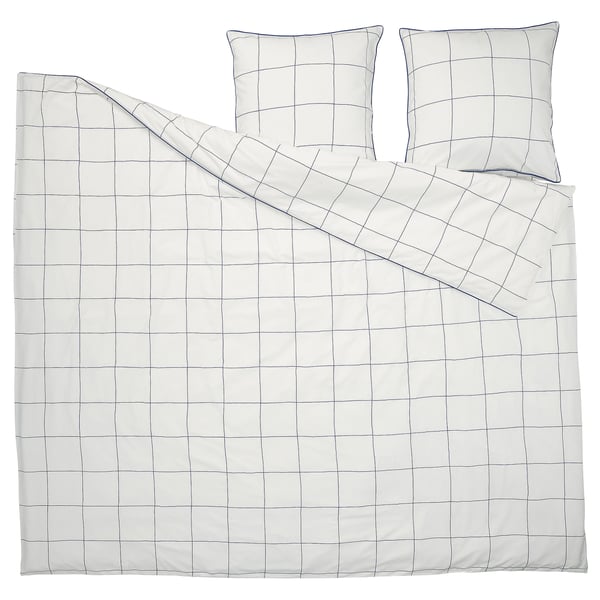 BREDVECKLARE duvet set: white with blue grid, smooth cotton-viscose. Includes 1 large and 2 square pillows.