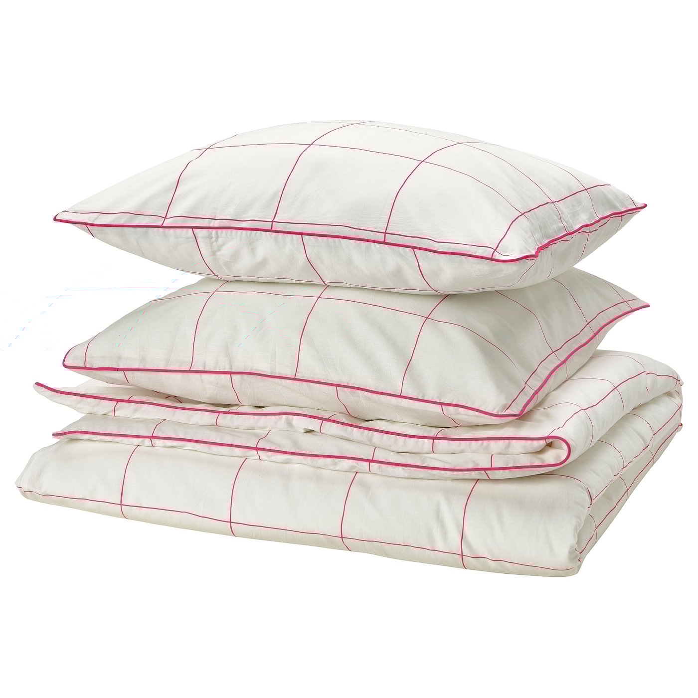 BREDVECKLARE bed set: white with pink edges, grid pattern, soft cotton-viscose blend, rectangular pillows.