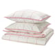Option: BREDVECKLARE bed set: white with pink edges, grid pattern, soft cotton-viscose blend, rectangular pillows.