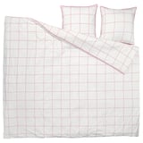 Bed set with white grid, pink lines, smooth fabric, zipper closure, includes duvet and two pillows.