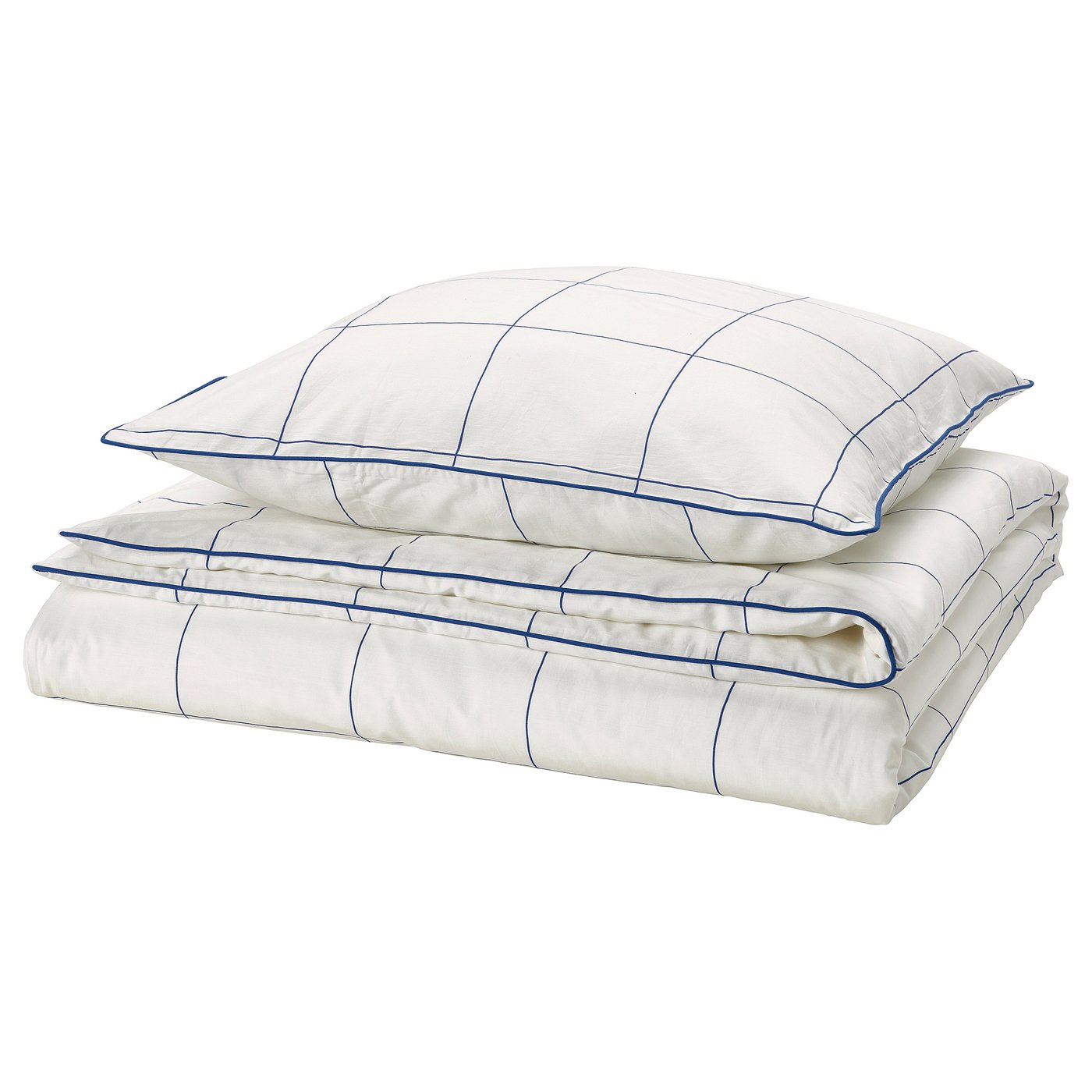 BREDVECKLARE duvet and pillow set. White base with blue grid lines. Smooth cotton-viscose blend. Zipped edges. Rectangle shape with clean design.