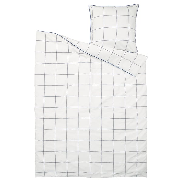 BREDVECKLARE bedset, white grid with blue lines, smooth cotton blend, zipper closure.