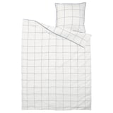 BREDVECKLARE bedset, white grid with blue lines, smooth cotton blend, zipper closure.