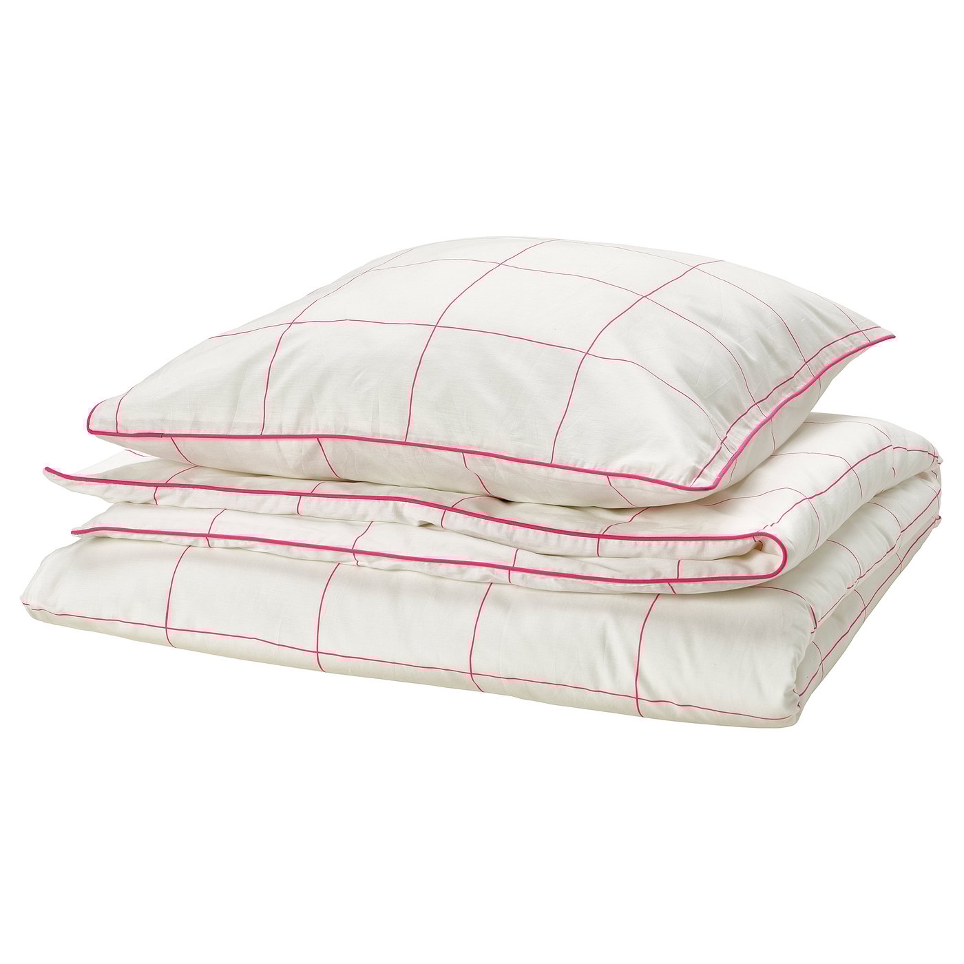 White grid-patterned duvet, slim pink lines, matching pillow. Soft cotton blend, smooth edges.