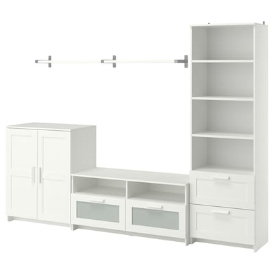 White BRIMNES furniture set: tv stand, cabinets, and bookcase with modern design.