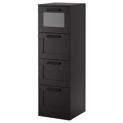 Black BRIMNES chest, six drawers, modern, slim, clean lines, glass top.