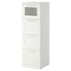 White BRIMNES tall cabinet with four drawers and frosted glass top.