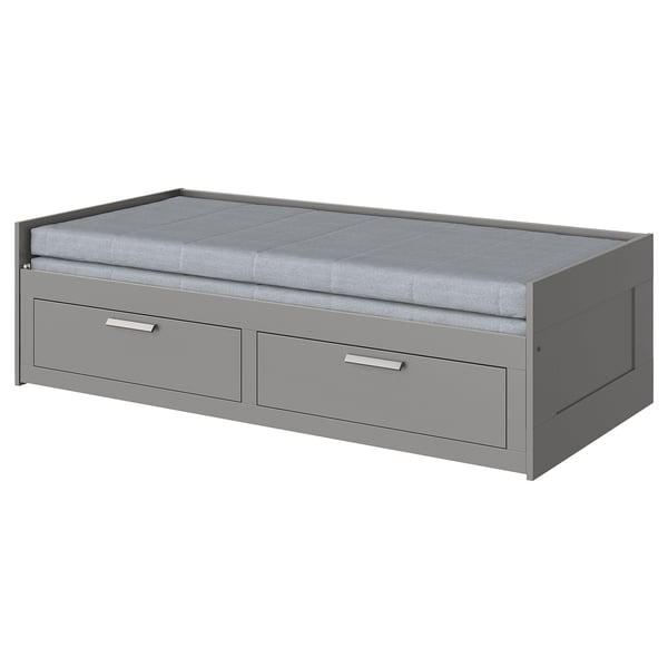 Gray BRIMNES day-bed, modern design, storage drawers, foam mattress.