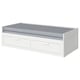 This image displays a white BRIMNES day-bed with drawers and a grey foam mattress.
