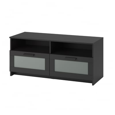 An ikea BRIMNES black tv bench with two drawers and open shelves.