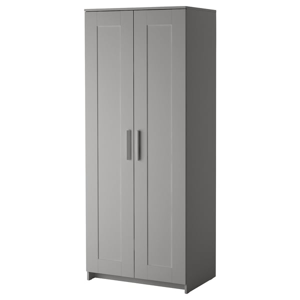 Ikea BRIMNES gray wardrobe, upright design, double door, handle center, wooden materials.
