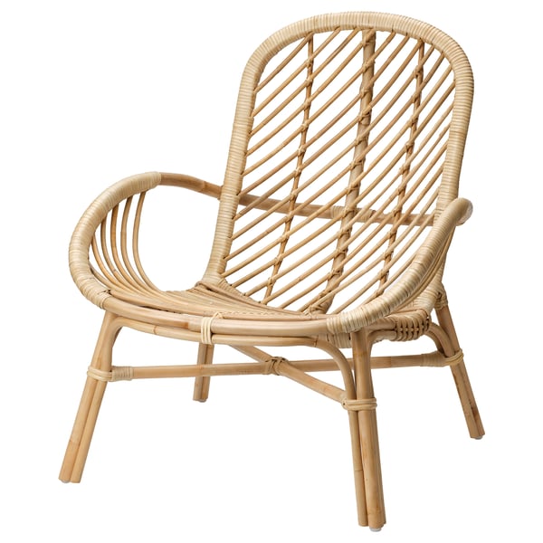 Broblock armchair, hand-woven natural rattan, curved design, airy & sturdy, embrace-shaped back & arms.