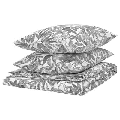 Black/white floral bedding set; recycled polyester/viscose blend; square pillows.