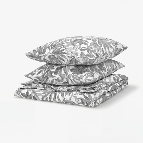 A stack of BROKDRACENA bedding in grey. A floral pattern, recycled polyester, smooth fabric.