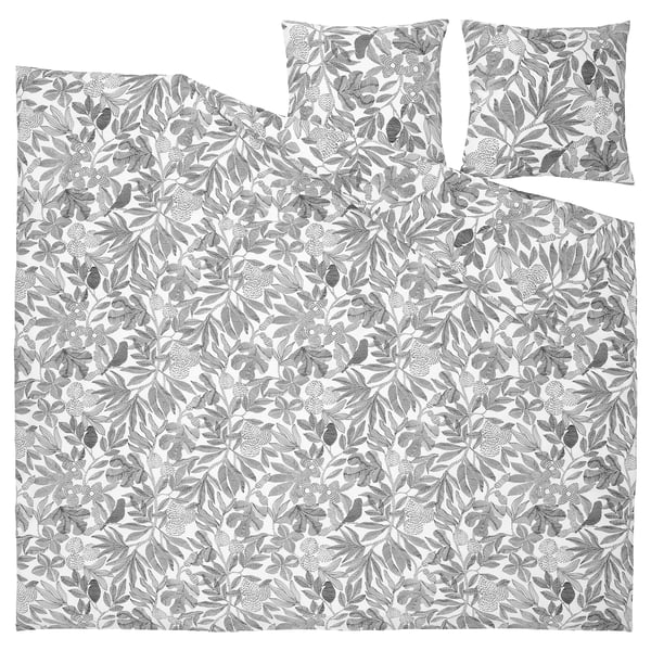 This image BROKDRACENA bedding set in grey with intricate floral designs, made of recycled polyester and viscose.