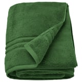 BROKGLIM green organic cotton towel, thick, soft, folded with decorative border.