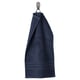 Dark blue towels striped and bordered, soft and absorbent, hang neatly on silver hook.