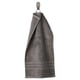 BROKGLIM grey organic cotton towel with woven border hangs neatly on hook.