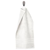 BROKGLIM white towel with woven border, hanging. Soft, organic cotton.