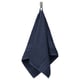 Dark blue BROKGLIM towel folded on hook, rectangular with bordered edges, made of 100% organic cotton.