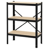 A black BROR storage unit with three wooden shelves. It is sturdy and versatile for various rooms.