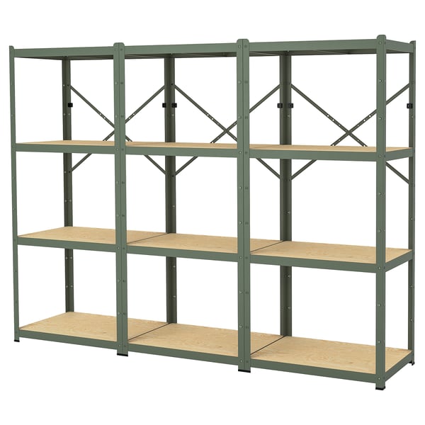 BROR shelf unit, green, metal and wood, rectangular, sturdy design.