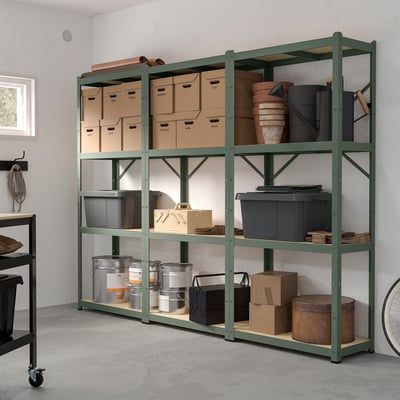 BROR green metal storage shelves. Holds 95kg, sturdy, tall, holds boxes, pots, tools.