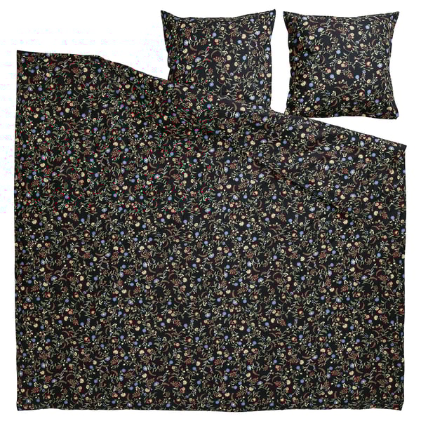 BRUDKRUSBÄR black floral duvet & pillows, organic cotton.