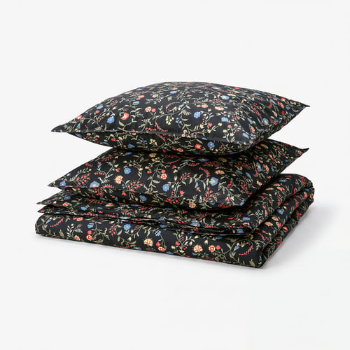 BRUDKRUSBÄR Duvet cover and 2 pillowcases, black multicolour/floral pattern, 240x220/80x80 cm