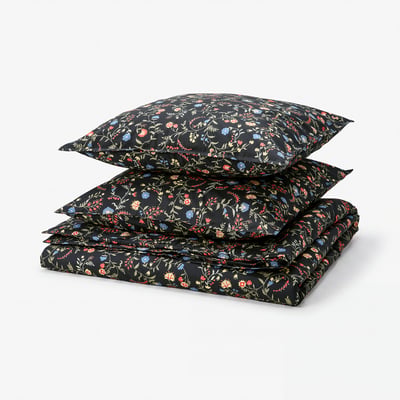 BRUDKRUSBÄR Duvet cover and 2 pillowcases, black multicolour/floral pattern, 240x220/80x80 cm