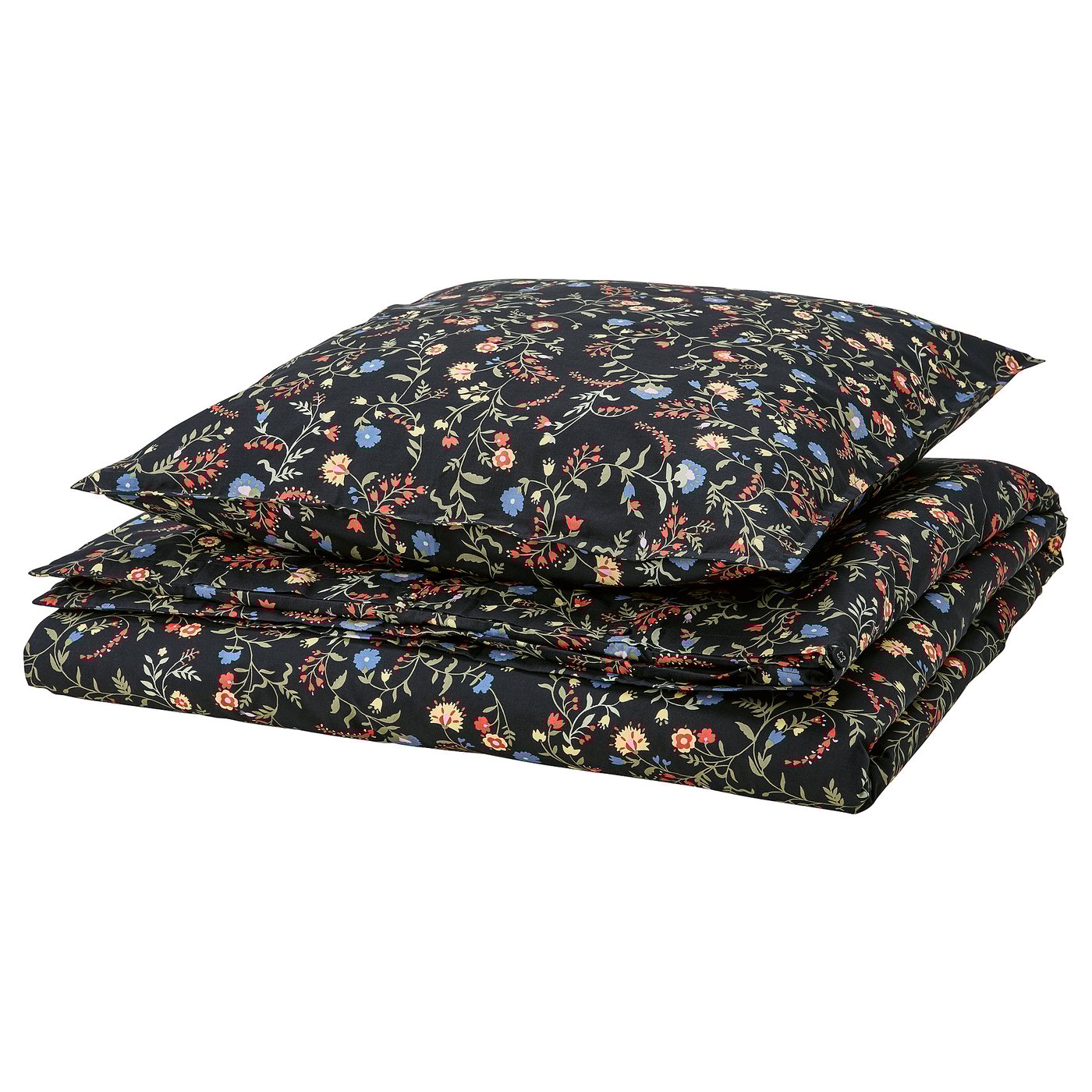 BRUDKRUSBÄR duvet set, floral black on dark green, folded, 100% organic cotton.