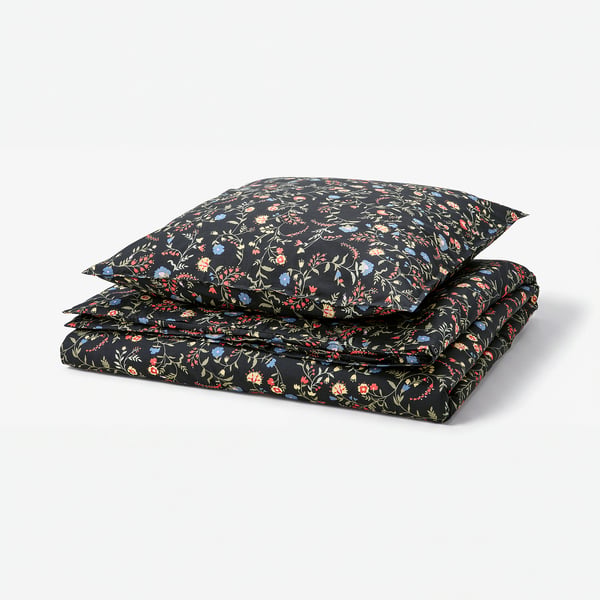 BRUDKRUSBÄR Duvet cover and pillowcase, black multicolour/floral pattern, 155x220/80x80 cm