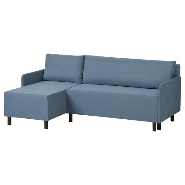 A blue BRUKSVARA sofa-bed, l-shaped with storage.