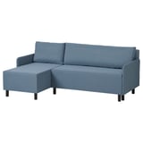 A blue BRUKSVARA sofa-bed, l-shaped with storage.