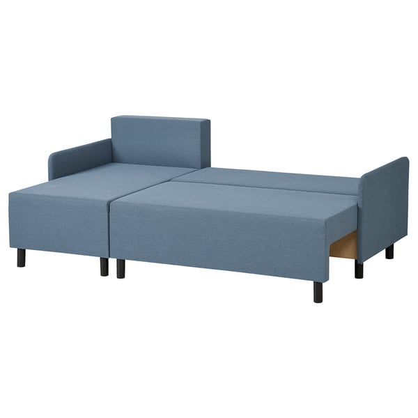 A blue BRUKSVARA l-shaped sofa-bed with built-in storage and wooden legs. It is perfect for small spaces and easily converts into a bed.
