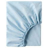 A light blue fitted sheet by BRUKSVARA, made from recycled polyester, featuring a smooth silky texture, designed to fit mattresses up to 16 cm thick.