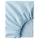 A light blue fitted sheet by BRUKSVARA, made from recycled polyester, featuring a smooth silky texture, designed to fit mattresses up to 16 cm thick.
