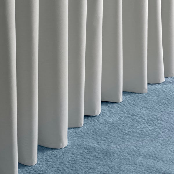 BRUKSVARA curtains, gray, 100% recycled polyester, vertical stripes, 250 cm long, block light, easy hang.