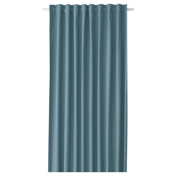 A teal room-darkening curtain with a rod-pocket design. Its rectangular and made from 100% recycled polyester.